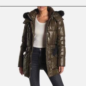 Andrew Marc Susan Quilted Genuine Fox Fur Belted Jacket, Size L, Olive Greenish